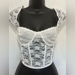 White Lace Corset Top with Lace Straps and Structured Design